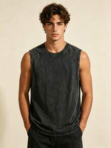 Men's Distressed Sleeveless Tank Top Charcoal Washed Vintage Style Oversized Crewneck Vest Retro Casual Outfit VS003-AB - màu đen - Xem 5