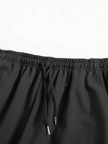 Men's Drawstring Waist Solid Color Long Sports Pants, Basic Black Fitness Pants Spring - Black - View 9