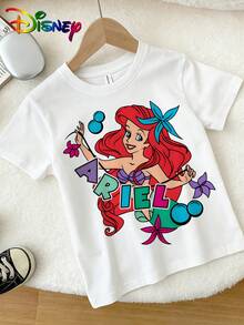 Disney Authorization - Summer Round Neck Short Sleeved Girls' Clothing - Colorful Contrasting Ariel - Printed Pattern T-Shirt Pullover, Summer Top Clothing, Children's Girls' Clothing Cute Top, 180g Polyester Soft Fabric, Suitable As A Gift For Children - 白色 - 查看 3