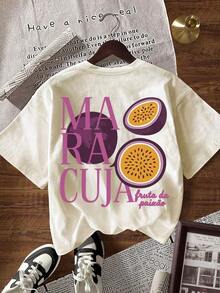Women's Casual Short Sleeve T-Shirt With Round Neck And Passion Fruit Letter Print - 杏色 - 查看 7