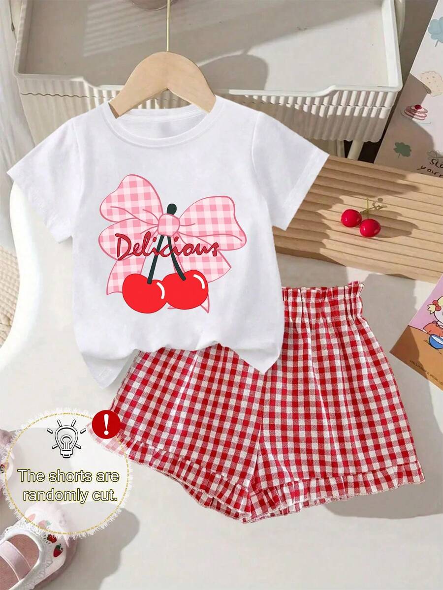 Bộ quần áo 2 món dễ thương cho bé gái, gồm áo thun mềm mại và quần short kẻ caro (độ dài ngẫu nhiên), bộ quần áo mùa hè hai mảnh. - Đỏ - Xem 1