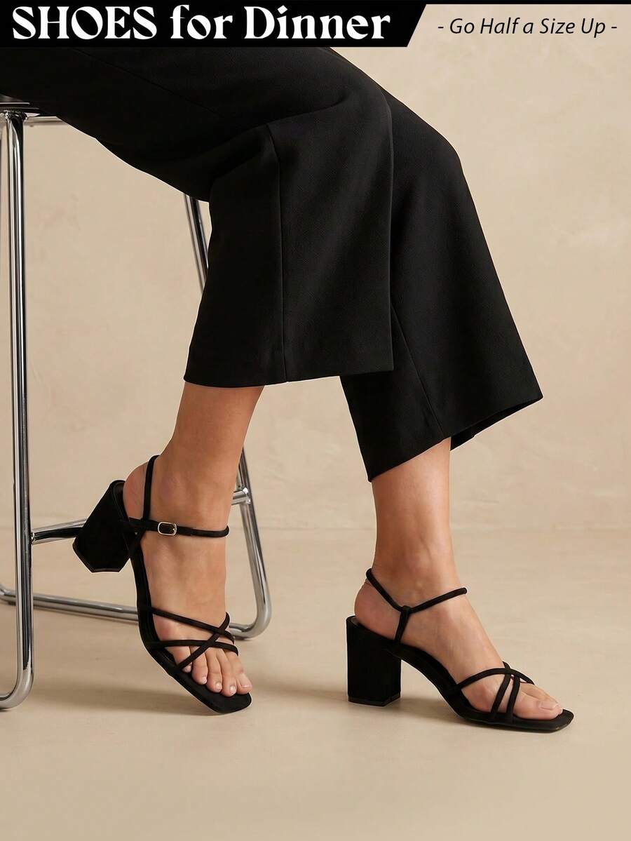 Women Strappy Square Toe Chunky Block Mid Heel Sandals – Cute Elegant Buckle Strap Heels For Spring/Summer Weddings, Bridesmaid, Date Night, Party, Prom & Business Casual Wear [Size Up Half Size] - 黑色純素絨面革 - 查看 1