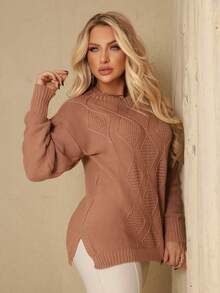 Pingo D' La Malhas Women's Plus Size Textured Knit Blouse With High-Relief Diamond Pattern, Loose Fit, Comfortable For Winter - New Beige - View 2