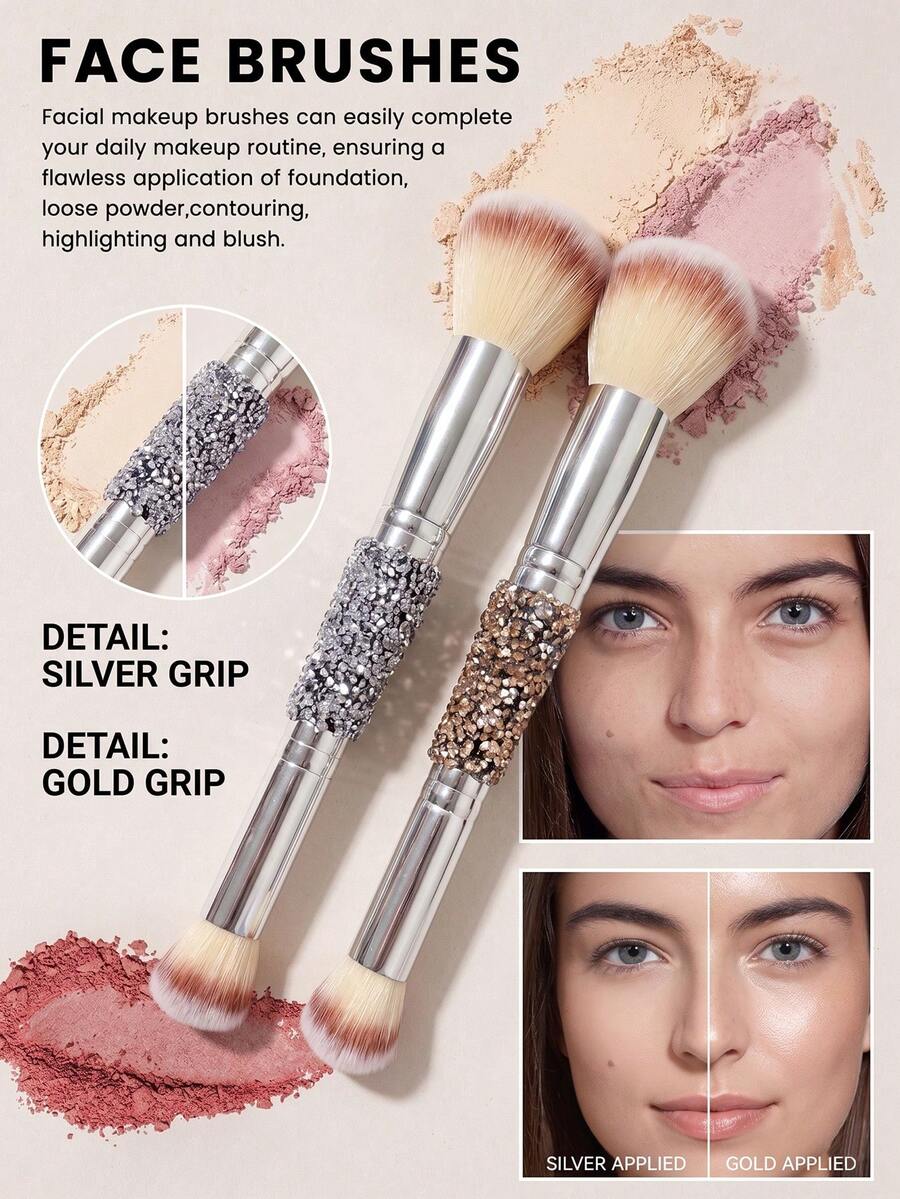 1pc Rhinestone Dual-Ended Foundation&Concealer Brush.Gold-Silver,Dense Bristles.Large For Base/Blush,Highlight.Even Finish,Beginner-Friendly Gift. - Multicolor - View 1