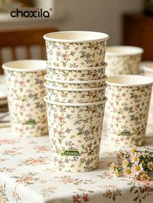 choxila 25/50/100pcs Vintage Floral Pattern Disposable Paper Cups, 9oz Rustic Wildflower Design, Suitable For Parties, Picnics And Daily Hot/Cold Beverage Use - Paper Cups - View 6