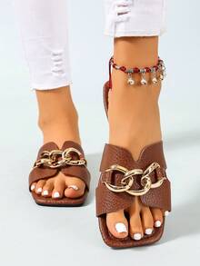 Ximi Ruo Neue Frühlings-/Sommer-Mode Lässig Einriemen Slide Sandalen, bequeme flache Absatz Runde Zehe Slip-On Strandpantoffeln, vielseitige dekorative flache Sandalen für den Sommer - Braun - Übersicht 3