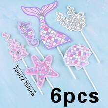 6 piezas Decoraciones para pastel de cumpleaños de sirena, estrella de mar, caballito de mar, cola de pez, concha, serie oceánica de decoraciones para pastel - Inserción de pastel - Ver 4