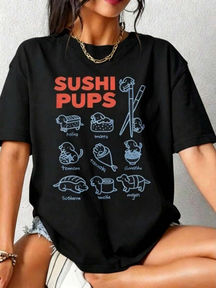 Sushi Pups Tshirt, Funny Dachshund Shirt, Japanese Cuisine Tshirt, Foodie Fift For Weiner Dog Mom, Gift For Her-Cozy Summer Essential & Casual Chic - 黑色 - 查看 1