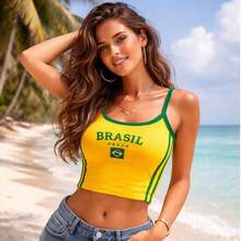 Brazil Women's Cropped Top For The 2026 World Cup – Stylish Ribbed Tank Top For Cheering In Comfort - 黃色 - 查看 1