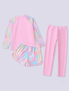 Tween Girl Letter Print Long Sleeve Top, Long Pants And Shorts Burkini Separates Swimsuit Set, Suitable For Summer Vacation - Pink - View 2