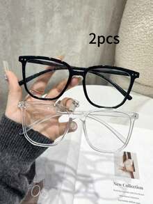 1 Pair/2 Pairs Women's Large Frame Square Rivet Casual Minimalist Flat Top Glasses, Suitable For Daily, Dating, Library, Writing And Other Occasions (Glasses Case Not Included) - Transparent - View 8