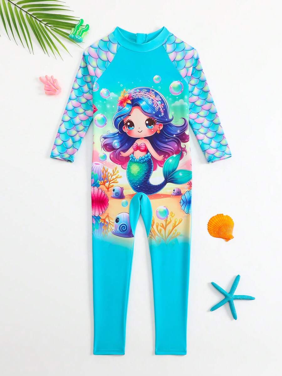 Young Girl' Cute Mermaid Print Zipper Long Sleeve One-Piece Rash Guard Swimsuit - Cadet Blue - View 1