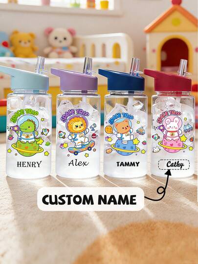 Individuell anpassbarer Name, 500ml Kinder Wasserflasche, süßes Cartoon Tier & Astronaut Design Strohhalm Tasse, bestes Geschenk für Mädchen & Jungen, Outdoor Sport Wasserflasche, Schüler Cartoon Tasse