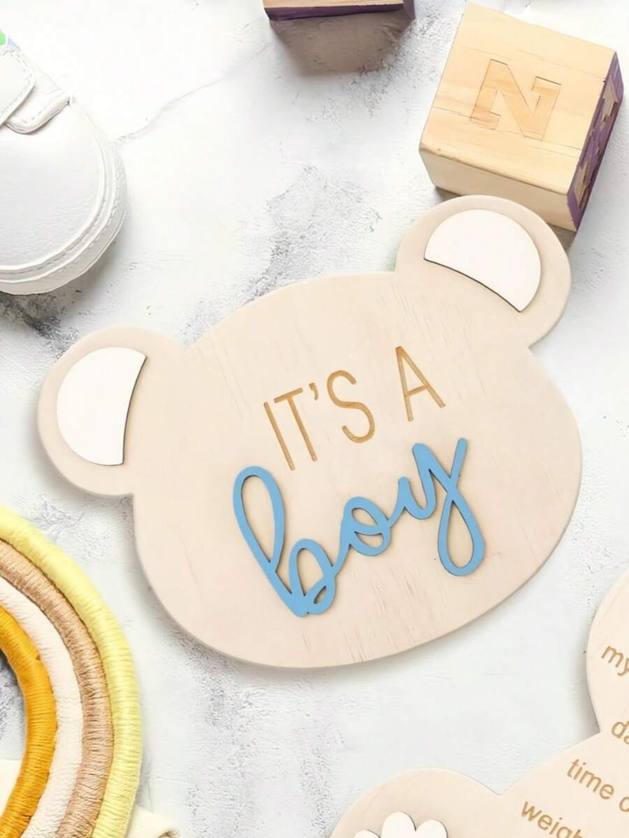 1-Pc Gender Reveal Wooden Sign, Wooden Birth Announcement Sign 6 Inch Round Plaque It's A Boy/Girl Announcement Plaque Personalized Newborn Announcement Sign For Hospital, Baby Announcement Plaque, Wooden Birth Announcement Sign Birth Bulletin Board Baby Photo Prop Wood Chips Baby Milestone Wood Chips Baby Shower Gift For Boys/Girls - Bear Design - View 1