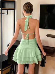 Vestido elegante y romántico de cuello halter, cintura ajustada, vestido corto con volantes plisados en albaricoque y blanco, nuevo vestido de primavera/verano, vestido para cita de San Valentín, vestido casual de vacaciones, vestido románt - Verde - Ver 2
