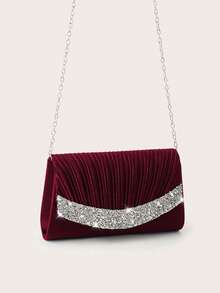 REMANLAND Shiny Pleated Mini Clutch. Sparkling And Charming Rhinestone Decoration, Elegant And Fashionable Envelope-Style Handbag, Suitable For Parties, Weddings, Galas And Gatherings. An Ideal Choice For Women Attending Parties, Weddings, Graduations And Banquets. - Burgundy - View 3