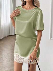 Crew Neck T-Shirt Top And Lace Patchwork A-Line Skirt Set, Silk Satin And Lace Patchwork Casual Loose Elegant Office Lady Style, Spring/Summer Women 2-Piece Set - Verde - Ver 6