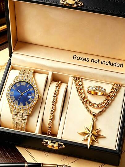 4pcs/Set Men's Fashion Quartz Watch With Bracelet, Necklace, And Ring, Street Style Accessories, Great Gift For Him