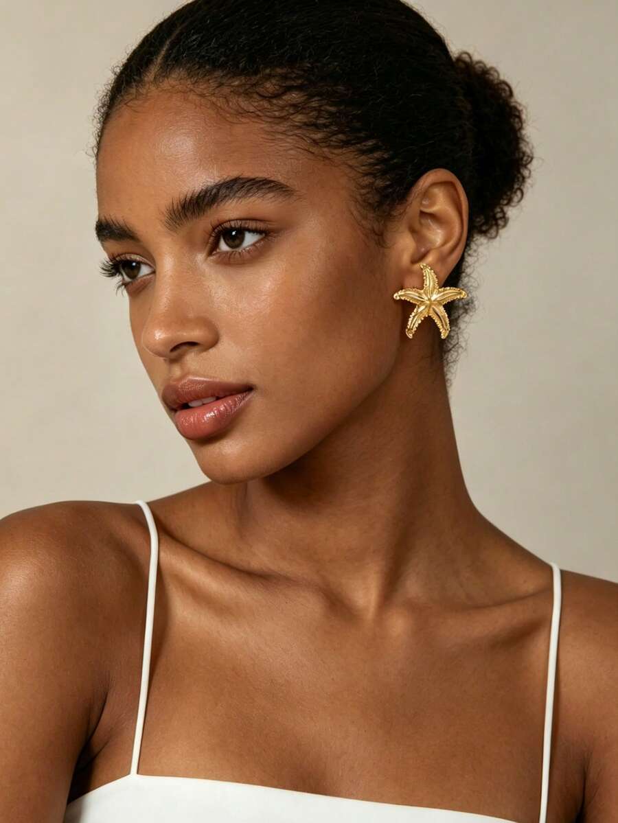 1 Pair Gold-Plated Stainless Steel Hypoallergenic Stud Earrings, Star/Asymmetrical Wave/Butterfly/Enamel Geometric Pattern, Vintage Fashion Earrings For Women, Suitable For Daily, Party And Casual Wear - Multicolor - View 1