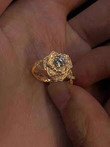 5件組時尚立方鋯石花朵開口銅戒指套組，適合女性婚禮派對穿戴（不含禮盒） - 金黃色 - 查看 3