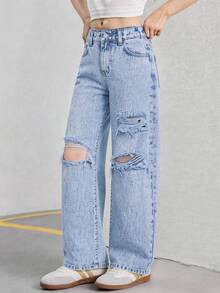 Quần jeans ống rộng dáng suông rách, quần denim ống đứng rách phong cách đường phố, đa năng. - Rửa nhẹ - Xem 5