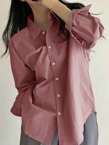 Ladies' Solid Color Front Button Casual Long Sleeve Shirt,Fall Clothes - Rosa - Ver 2