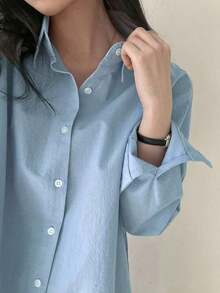 Ladies' Solid Color Front Button Casual Long Sleeve Shirt,Fall Clothes - Azul 2 - Ver 5