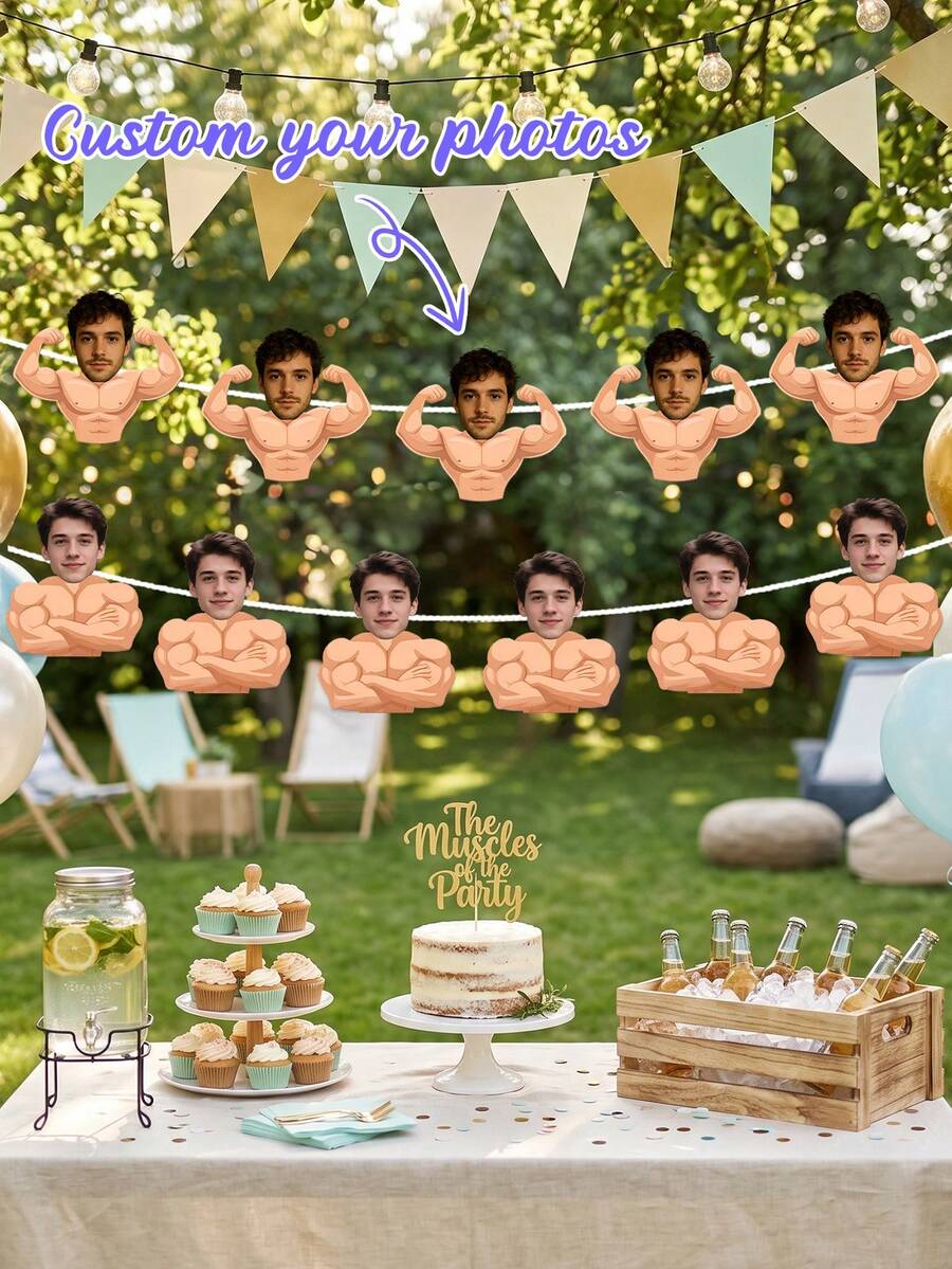 7pcs Customized Muscular Man Face Banners, Personalized Photo Banners Suitable For Singles Party, Fun Customized Party Decorations, Birthday, Singles Party Customized Face Banners, Fun Party Decorations - Multicolor - View 1