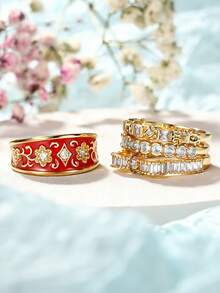 4 piezas de anillos de piedra de circonita cúbica de lujo, adecuados para mujeres, ideales para bodas, compromisos, fiestas de aniversario, regalo del Día de San Valentín - 5# - Ver 6
