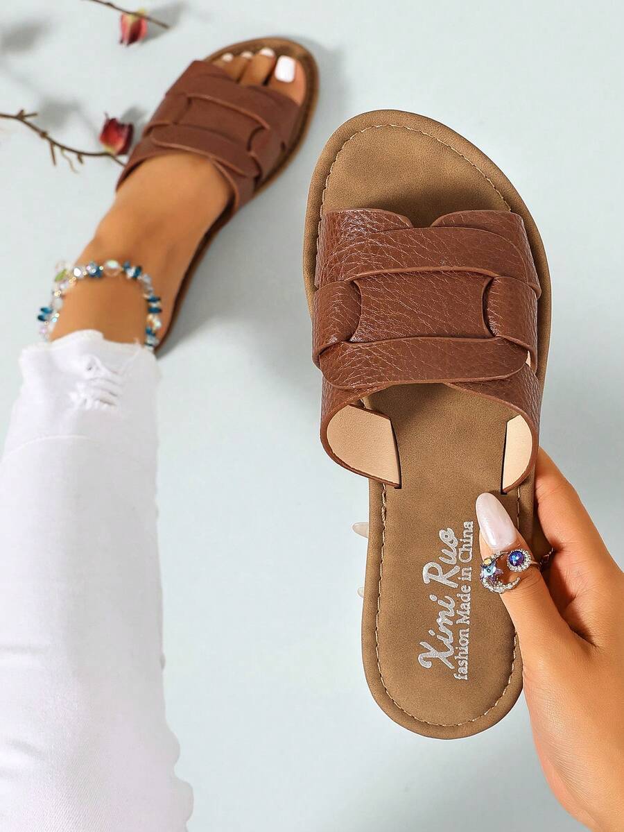 Ximi Ruo Korean Style Casual Flat Slippers, Brown Color, Holiday Essential, Women's Shoes, Open Toe Sandals For Spring, Summer, Suitable For Dresses - Brown - View 1