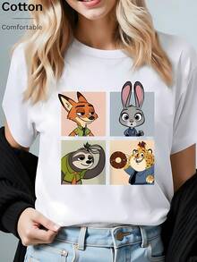 Disney Official Licensed Zootopia Nick Judy Flash & Clawhauser Square Panel Graphic Tops De Mujer, 100% Cotton Crew Neck Short Sleeve T-Shirt, Retro Character Collage Tee, Casual White Streetwear, All-Match Summer Top, Disney Fan Collectible Apparel - 白色 - 查看 1