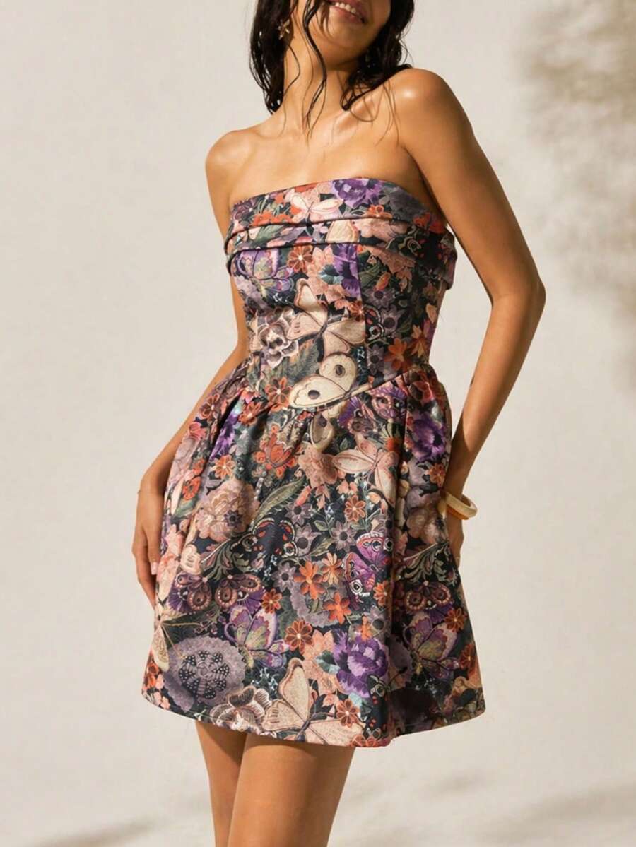 FlowZen Women's Vintage Butterfly & Floral Jacquard Bandeau Top, French Retro Corset Style Bustier, Y2K Sexy Fitted Mini Skirt/Top, High-End Shaping Bustier, Suitable For Daily, Casual, Party, Holiday, Date, Music Festival, Punk Back To School Outfit, Valentine's Day, New Year, Performance - Multicolor - View 1