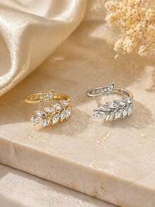 1pc Glamorous Cubic Zirconia Decor Leaf Design Wrap Ring For Women For Gift - Yellow Gold - View 3