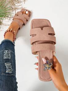 Ximi Ruo New Spring/Summer Fashion Casual One-Strap Slide Sandals, Comfortable Flat Heel Round Toe Beach Slippers, Versatile Slip-On Sandals For Women - Pink - View 1