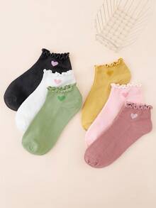 6 Pairs Solid Color Heart Cute Sweet Japanese Style Ruffle Hem Minimalist Fashion Women Short Socks - Multicolor - View 3