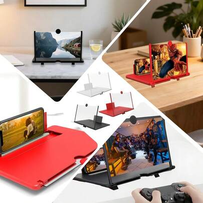Màn hình khuếch đại 12 inch, Màn hình chiếu 3D HD cho điện thoại di động, Thích hợp cho xem phim, video và chơi game, Chân đế điện thoại có thể gập lại kèm màn hình khuếch đại, Hỗ trợ tất cả các loại điện thoại thông minh.