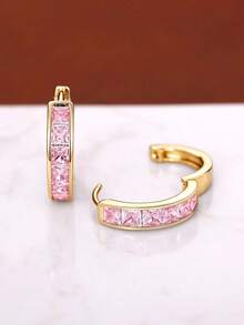 1 Pair Fashionable Cubic Zirconia Earrings, Jewelry Gift For Women On Wedding Anniversary, Engagement Party, Valentine's Day - Gold + Pink - View 4