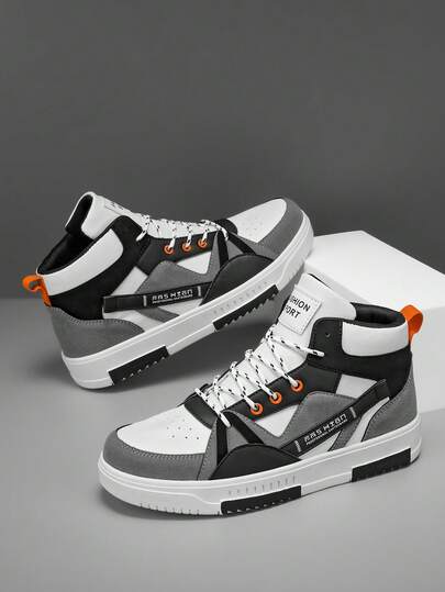 Zapatos deportivos casuales con cordones y color de contraste para hombres / Zapatos de skateboard de caña alta para hombres, aptos para uso en todas las estaciones, zapatos para correr