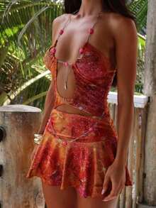 Women Mini Halter Dress Slim Beaded Chain Cut Out Open Back Ruffle Dress For Beach Party Club Travel - Màu cam đỏ - Xem 5