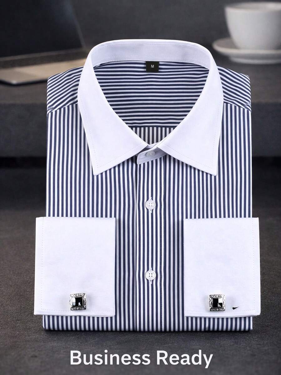 1pc Men's French Cuff Dress Shirt - Contrast Trim Formal Wear For Wedding & Business | Includes Free Cufflinks (Groom/Groomsman Essential) - Black - View 1