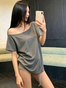 Kaos Wanita Lengan Pendek Hitam dengan Bahu Terbuka, Atasan Poliester Elastis Tinggi, Cocok untuk Pakaian Kasual Sehari-hari dan Kantor di Musim Panas - Grey - View 6