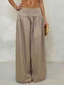 Retro Low-Waisted Wide Leg Pants, Flowy & Slimming Casual Women Long Trousers Fall Women Clothes Back To School - 卡其色 - 查看 5