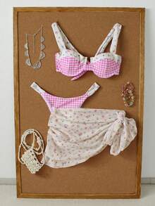 New Arrival Spring/Summer Women Elegant Casual Sexy Pink & White Patchwork Floral Plaid Bikini Set Set With Cover-Up & Skirt, Suitable For Beach, Vacation, Party, Date - Multicolor - View 2