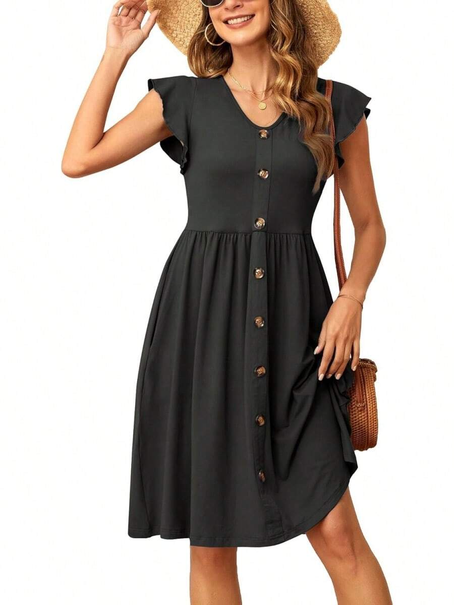SENBATU Summer Dress Ruffle Sleeve Casual Dresses Women Pleated Midi Dress With Pockets