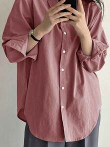 Ladies' Solid Color Front Button Casual Long Sleeve Shirt,Fall Clothes - Rosa - Ver 5