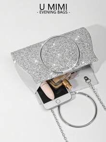 New Shiny Evening Bag, Round Handle Clutch Bag, Formal Dress Bag, Party Bag, Wedding Season Bridal Bag - Silver - View 5