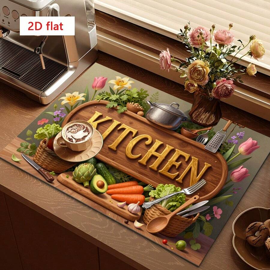 1pc Dish Drying Mat, Coffee Machine Pad, Kitchen Style Woodgrain Floral Fruit Vegetable Decor Pattern Absorbent Draining Mat, Suitable For Dining Table And Cafe, Creates Natural Fresh Dining Environment, Multi-Purpose Drainage Mat, Home Gift, Desktop Decor