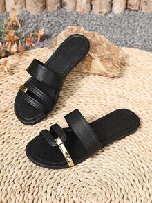 Women's Summer New Open Toe Flat Sandals With Gold Stripe Cutout Design, Navy Blue Color, Suitable Casual, Holiday, Daily Wear - Match With Dresses, Leggings, Casual Pants, Shorts, Skirts.Slip-On Snake Print Ladies Slippers, Suitable Spring, Summer, Autumn, Valentine's Day, Mother's Day, Festivals, Parties, Fashion, Elegant, Minimalist,, Cute, Vacation, Travel, Daily Matching, Beach Shoes - 黑色 3 - 查看 7