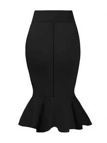 Falda lápiz de cintura alta y longitud hasta la rodilla, ajuste delgado, para oficina/viaje, mezcla elástica de poliéster, apta para todas las estaciones, color negro primaveral - Negro - Ver 4
