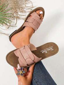 Ximi Ruo Korean Style Casual Flat Slide Sandals, Open Toe, Woven Roman Style, Suitable For Spring, Summer, Beach, Vacation, Dresses, Apartment, Brown Color - Pink - View 2
